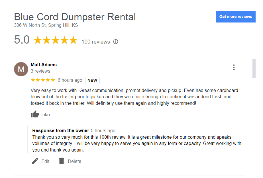 dumpster-rental-google-review-100th-review